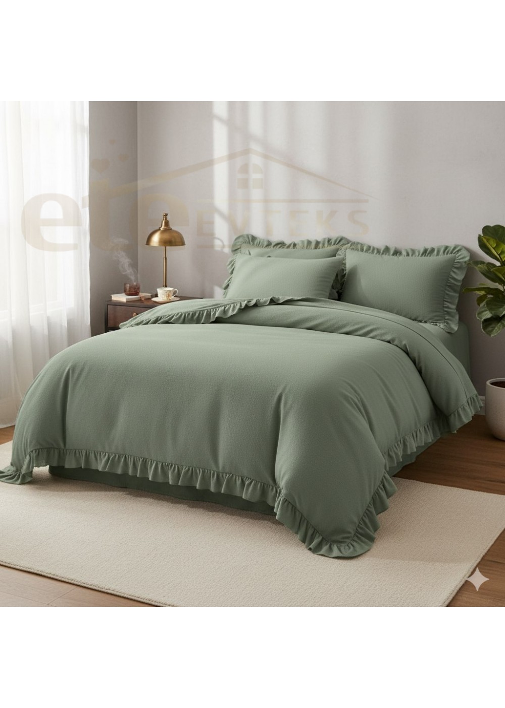 ETEHOMETEX %100 Doğal Pamuk Çift Kişilik Fırfırlı Nevresim Seti 200x220 cm YEŞİL 8696474232033